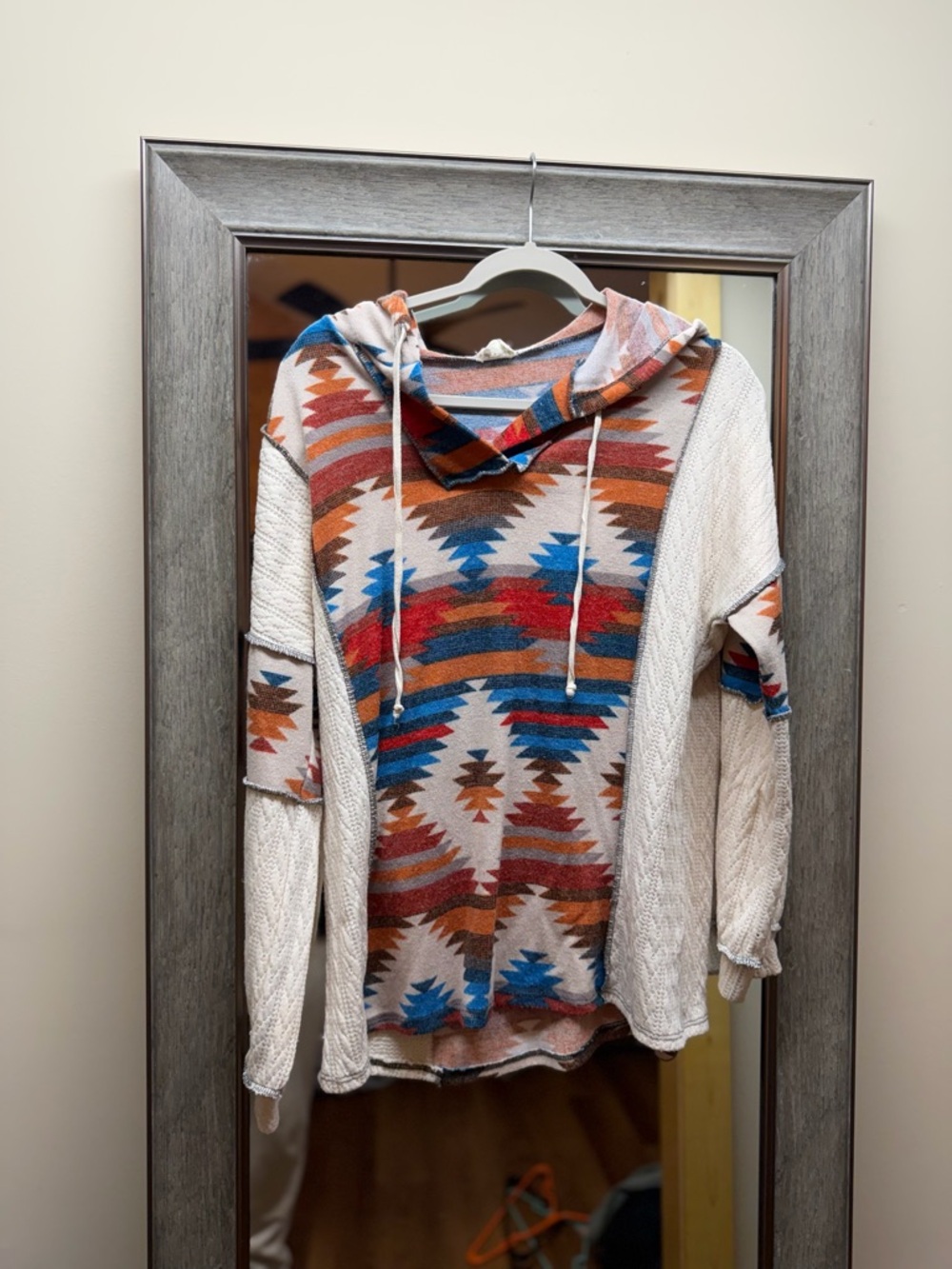 Aztec Print Hooded Pullover - Cream & Multicolor